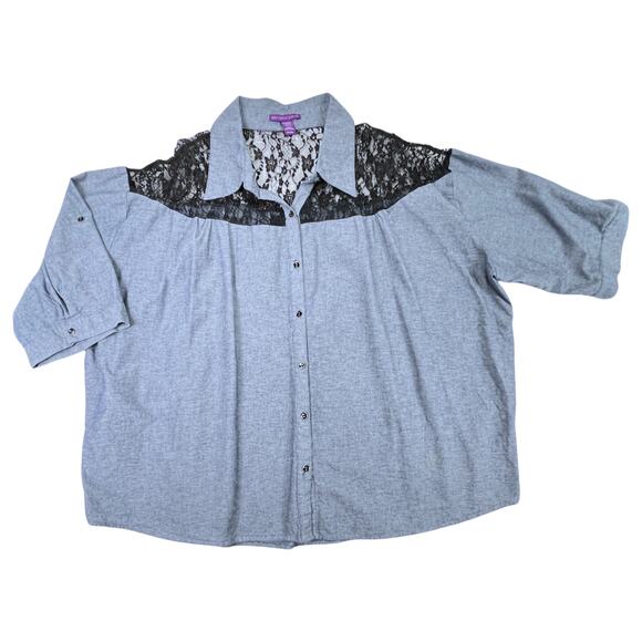 Beverly Drive Chambray & Lace Blouse Tunic 3/4 Roll Tab Plus 20-22W Blue Black - Picture 3 of 12